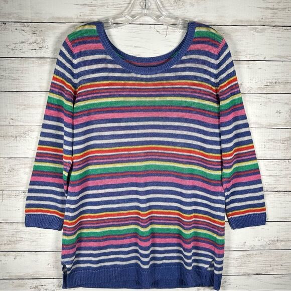 Talbots Linen Summer Sweater Multi Stripe Boat Neck Pullover Coastal Medium - Picture 8 of 8